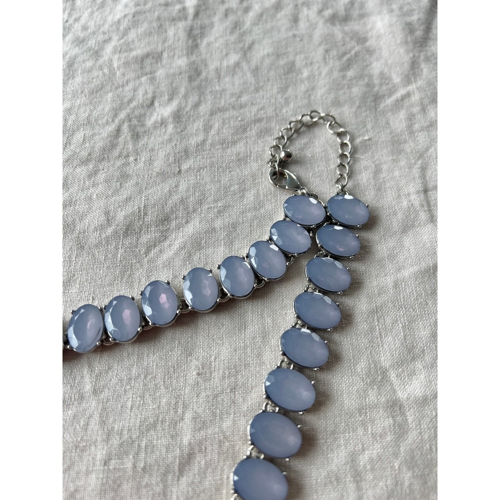 Blue Oval Stone Silver Tone Collar Necklace OS Elegant Statement - Picture 4 of 7